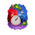 Alarm clock showing time around midnight, countdown before New Year begins. Merry Christmas and Happy New Year greeting card