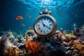 an alarm clock sits under the water in an aquarium with bright coral
