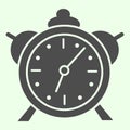 Alarm clock solid icon. Classic retro table clock glyph style pictogram on white background. Morning wake up watch for