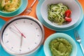 Alarm clock, Spiral Fresh Cucumber, Vegetable Marrow Spaghetti - Vegetarian, Diet Food, Vegetable Salad, Intermittent fasting