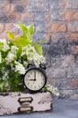 Alarm clock with spring blooming branch in wooden drawer against brick wall background.