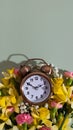 Alarm clock with spring flowers on color background top view, flat lay. Daylight savings concept, spring forward Royalty Free Stock Photo