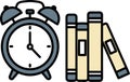 An alarm clock and a stack of books symbolize the time for learning and the \