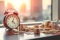 Alarm clock and stacked coins on wooden desk on the background of business buildings. Time for saving concept. Generative AI