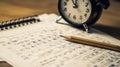 Alarm clock with standardized test sheet education concept optical answer form with pencil vintage style Royalty Free Stock Photo