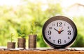 Step of coins stacks with tree growing on top, nature background, money, saving and investment or family planning concept, over su Royalty Free Stock Photo