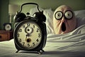 The alarm clock suddenly rang and woke up a disgruntled person. Generative AI