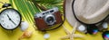 Alarm Clock, Sunglasses, Fedora Hat, Palm Leaf, Sea Shells, Star Royalty Free Stock Photo