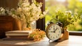 Alarm clock surrounded by blooming spring flowers, symbolizing daylight saving time change Royalty Free Stock Photo