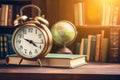 Alarm clock and tabletop globe stands on the table on background of books