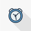 Alarm clock thin line flat color icon. Linear vector symbol. Colorful long shadow design.