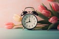 Alarm clock with tulips, switch to daylight saving time in spring, summer time changeover Generative AI.
