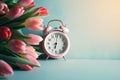 Alarm clock with tulips, switch to daylight saving time in spring, summer time changeover Generative AI.