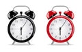 Alarm clock Vector realistic. Red and black clocks isolated on whites