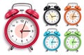 Alarm clock vector set. 3D realistic analog alarm clocks in various colors with glossy looks