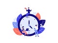 Alarm clock on white background, working time management concept, quick wake up reaction. Vector flat style illustration for