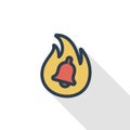 Alarm fire bell, alert ring, firefighter help thin line flat icon. Linear vector symbol colorful long shadow design.