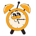 Alarm groovy character. Cartoon wake up clock character vector illustration.