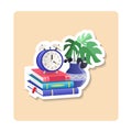 Alarm sticker illustration. Clock, vase, plant, books. Editable vector graphic design.