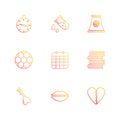 alarm , testtube , compass , beaker , industry , football , celender , books ,key , lips , heart break , eps icons set vector