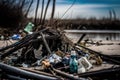 Alarming image of a polluted beach with plastic waste, generative AI