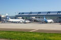 Alaska Airlines Boeing and Embraer airplanes San Jose Airport in California Royalty Free Stock Photo