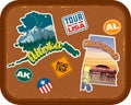 Alaska, Alabama travel stickers with scenic attractions