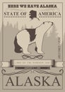 Alaska american travel banner. Poster with polar bear in vintage style