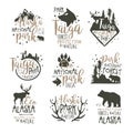 Alaska national park labels set. Forest protection hand drawn vector Illustrations