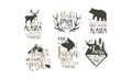 Alaska National Park Promo Signs Series With Wilderness Elements Silhouettess