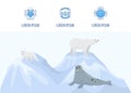 Alaska and north pole vector landing page template. Web banner with blue icons and cartoon pole bear, pole fox and