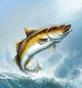 Alaska Pollock, Mintai fish jumping out of water illustration isolate realistic.