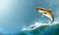 Alaska Pollock, Mintai fish jumping out of water illustration isolate realistic.