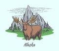 Alaska poster with moose and mountains