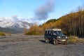 Alaska, Resurrection River Bed - September 26, 2017. Offroad Car parked in Resurrection River Bed, Exit Glacier, Kenai Fjords Royalty Free Stock Photo