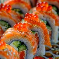 Alaska Salmon Uramaki Sushi, Uramaki Rolls Japanese Food with Red Tobiko Closeup Royalty Free Stock Photo