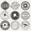 Alaska Set of Stamps. Travel Stamp. Made In Product. Design Seals Old Style Insignia. Royalty Free Stock Photo