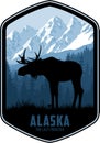 Alaska vector label with moose bull and mountains woodland forest