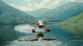 Alaskan Float plane aircraft at rest in lake with forest behind