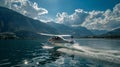 Alaskan Float plane aircraft at rest in lake with forest behind