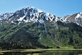 Alaskan landscape with lake and snow capped mountains and trees Royalty Free Stock Photo