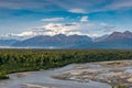 Alaskan landscape with river, forest and Mount Denali