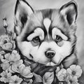 Alaskan Malamute puppy in flowers Royalty Free Stock Photo