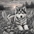 Alaskan Malamute puppy in flowers in a meadow at sunset Royalty Free Stock Photo