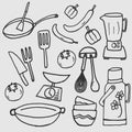 Set of kitchenware with foodstuff isolated on grey background. cooking preparation, cooking utensils illustration. hand drawn vect