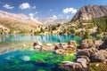 Alaudin lake in Fann mountains, Tajikistan. Fan mountains with turquoise water in lakes on clear day. Scenic mountain landscape in Royalty Free Stock Photo