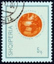 ALBANIA - CIRCA 1966: A stamp printed in Albania shows Globe in form of Soccer ball, circa 1966.