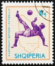 ALBANIA - CIRCA 1966: A stamp printed in Albania shows soccer player and map of Uruguay 1930, circa 1966.