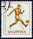 ALBANIA - CIRCA 1966: A stamp printed in Albania shows soccer player and map of Chile 1962, circa 1966.