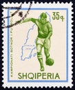 ALBANIA - CIRCA 1966: A stamp printed in Albania shows soccer player and map of Sweden 1958, circa 1966.